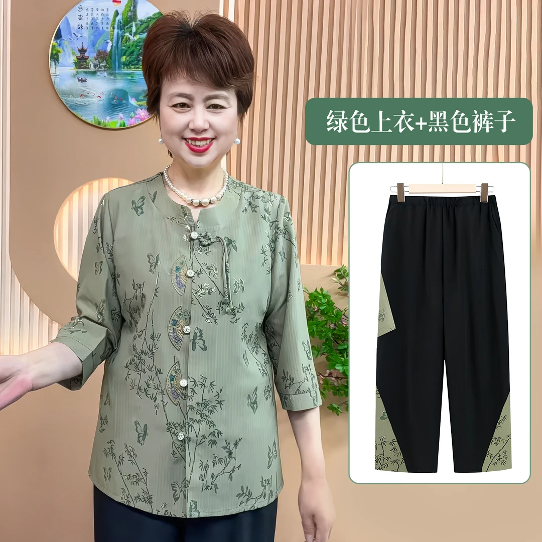 奶奶夏装七分袖衬衫套装中老年女装妈妈夏季老太太上衣两件套衣服