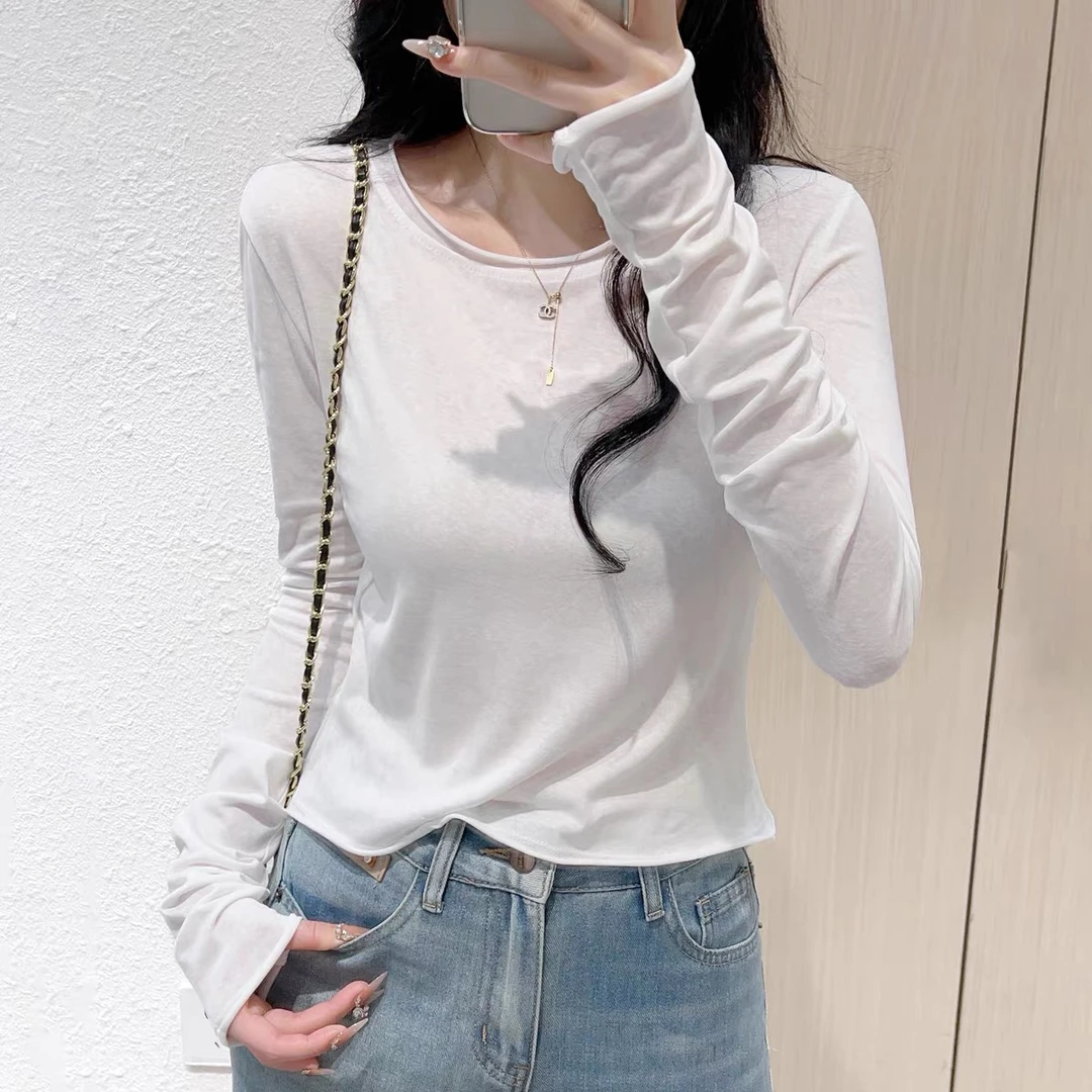 圆领卷边长袖t恤女2025年小个子短款显瘦上衣