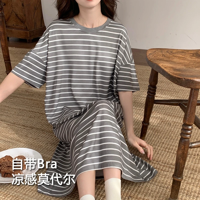 莫代尔睡裙条纹家居服女款爆款2025新款遛弯睡衣带胸垫一体可外穿
