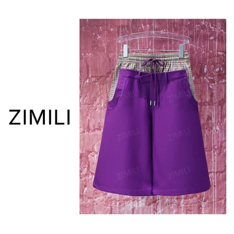 【亮哥女装】2025欧版齐紫色拼接格子腰头中高腰时尚A字6分短裤9252