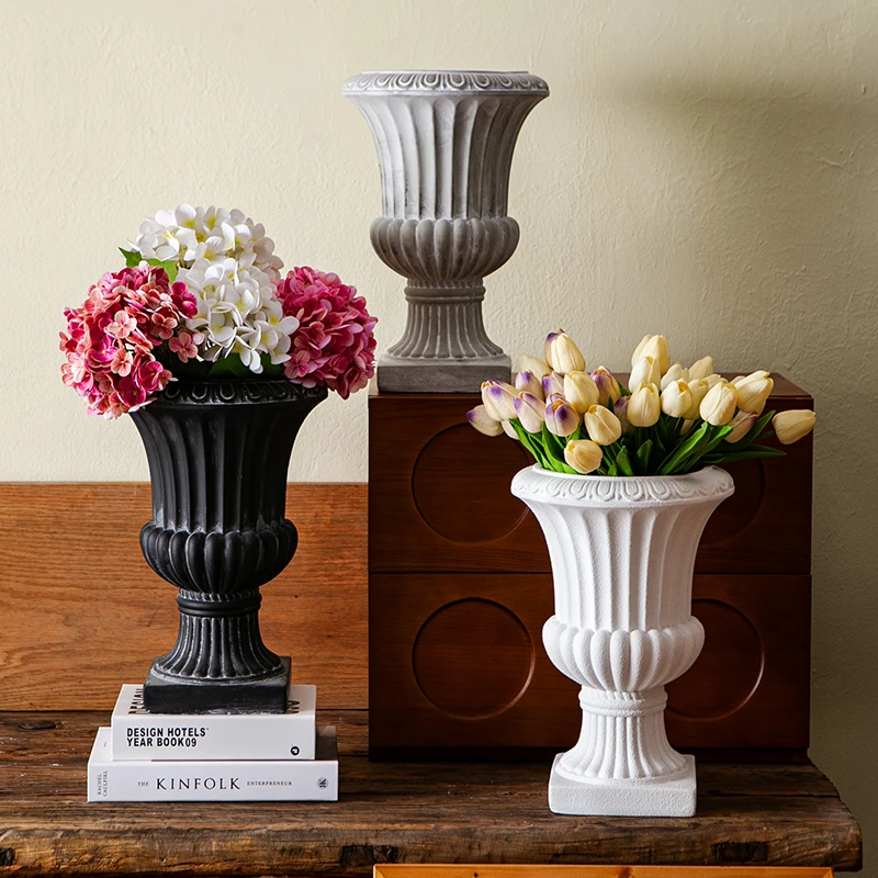 欧式镁泥高脚花盆创意罗马柱大号花器简约客厅落地盆庭院阳台花园