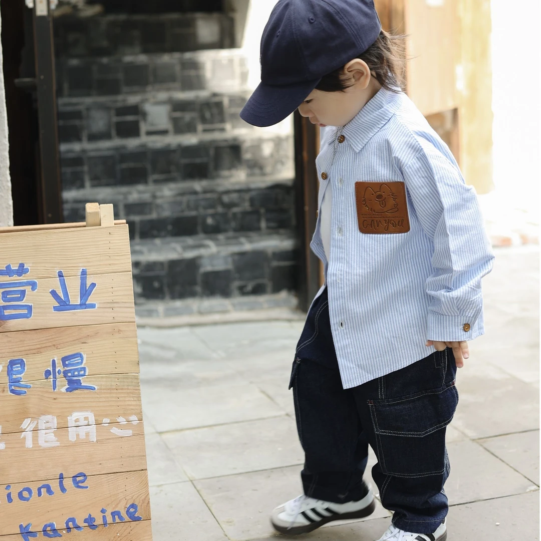 【棉烊咖口袋条纹衬衫】春秋款男童儿童韩版简约洋气休闲简约衬衣