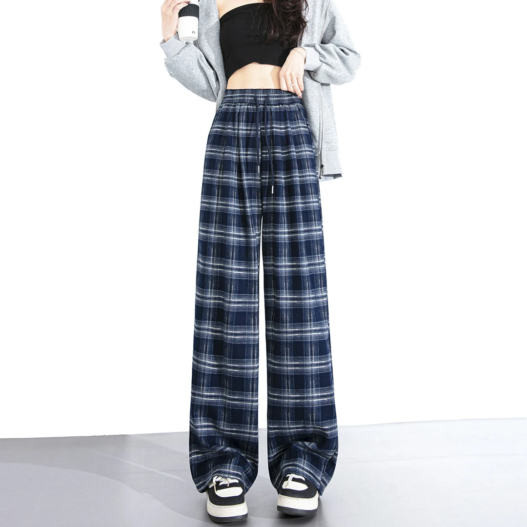 小个子复古格子裤女春秋2025新款慵懒风休闲阔腿裤高腰宽松直筒裤