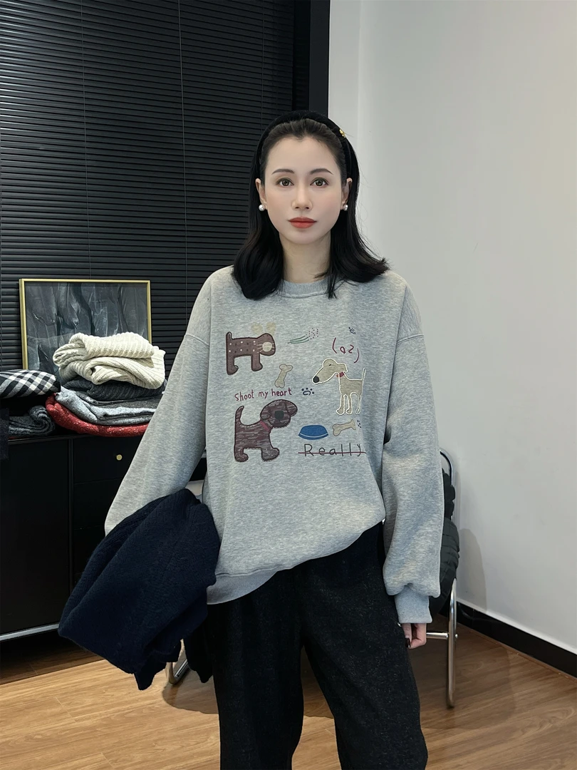 【Si&华严选】韩系减龄小狗图案加绒卫衣宽松套头百搭圆领上衣2930