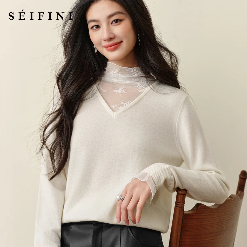 诗凡黎半高领蕾丝拼接羊毛衫女亲肤叠穿内搭针织打底衫7G9132911