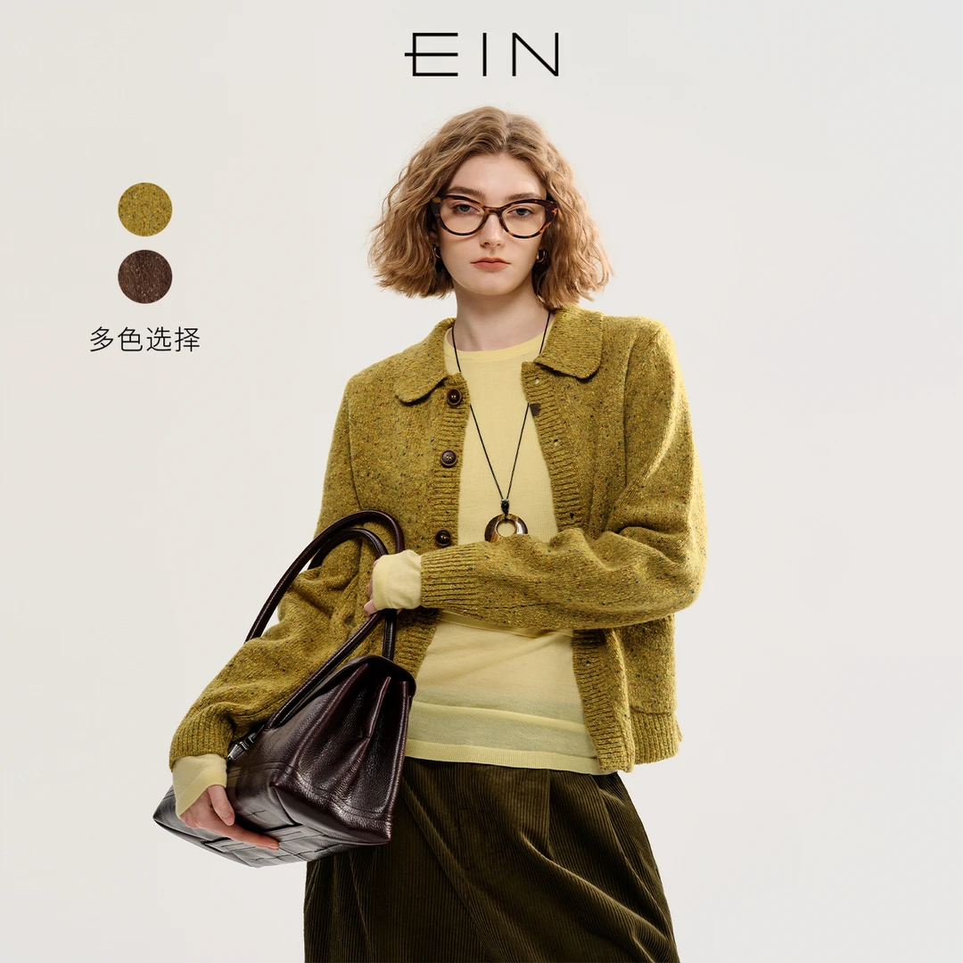 EIN言彩点纱绵羊毛树影绣花翻领复古文艺慵懒休闲针织开衫秋冬款