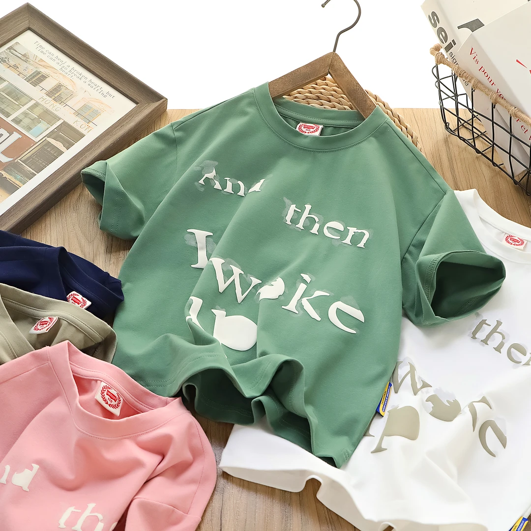 夏季儿童发泡印花字母中大童圆领休闲T恤 958