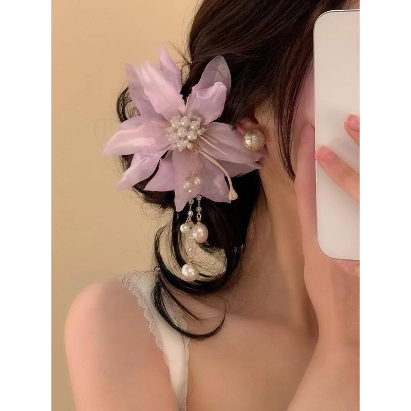 花漾公主春季唯美花朵流苏发夹女甜美高级感侧边刘海夹发饰