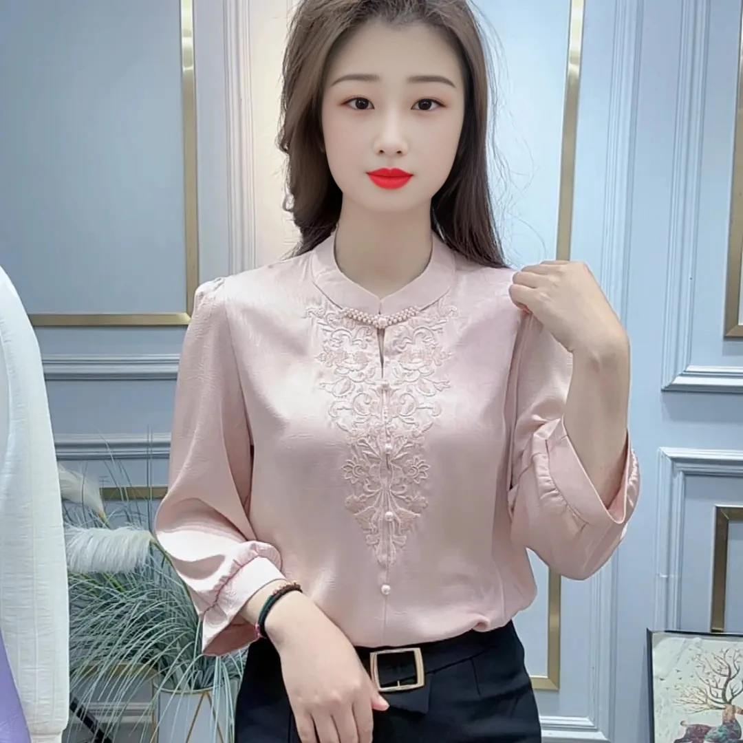 刺绣七分袖女士名牌七分袖衬衫上衣气质衬衫显瘦衬衣女士气质衬衫