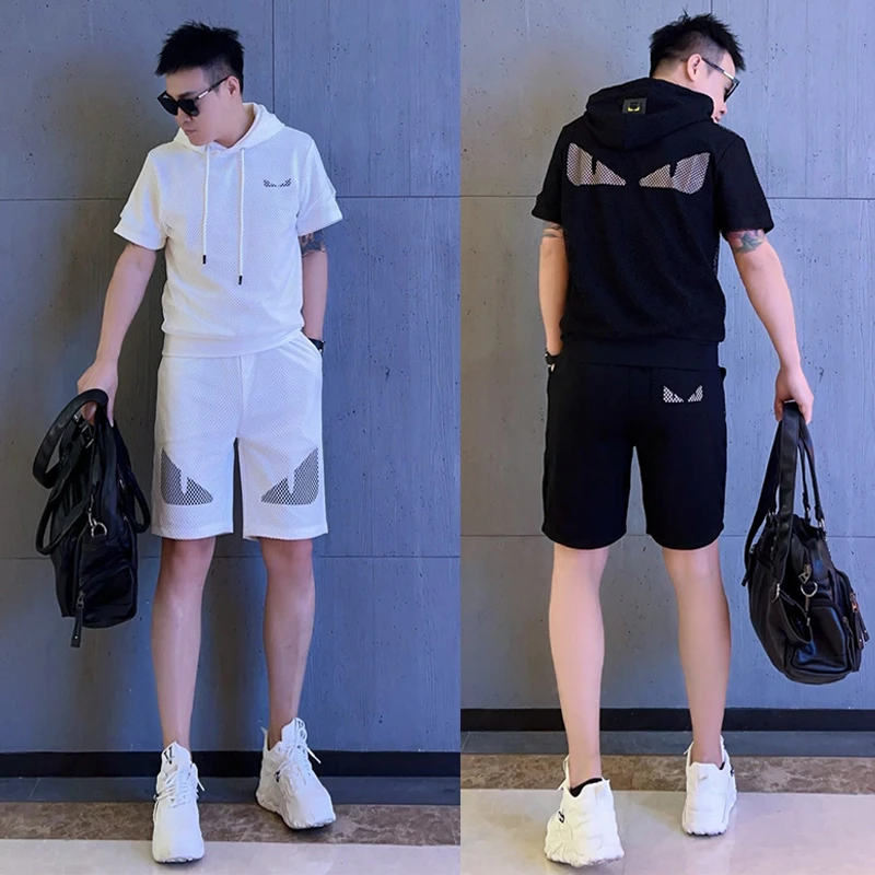 迪诺库克斯男士夏季休闲百搭网眼连帽套装短袖短裤情侣款两件套