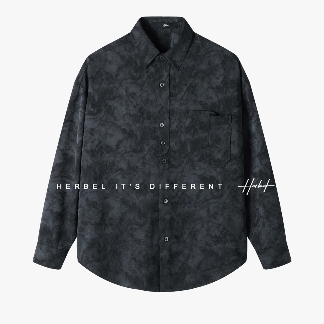 HERBEL/黑白秋季新款男长袖对襟精致国风衬衫休闲复古新中式衬衣