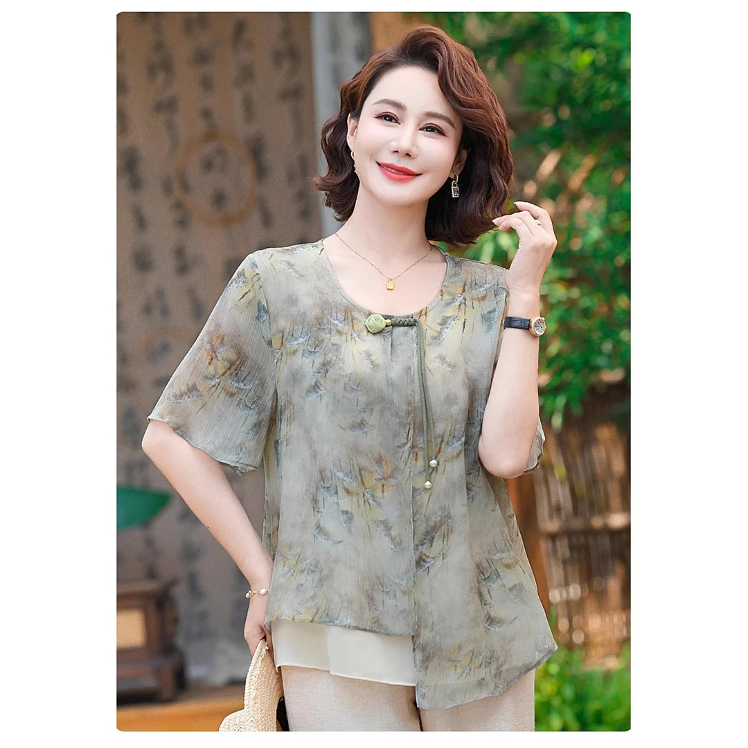 妈妈装印花上衣夏季新款中老年女装短袖印花衬衣大码宽松雪纺衫女