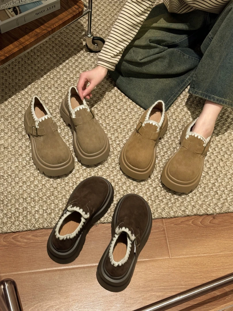 勃肯鞋女款2025新款秋冬加绒时尚百搭超火增高厚底小个子乐福鞋女