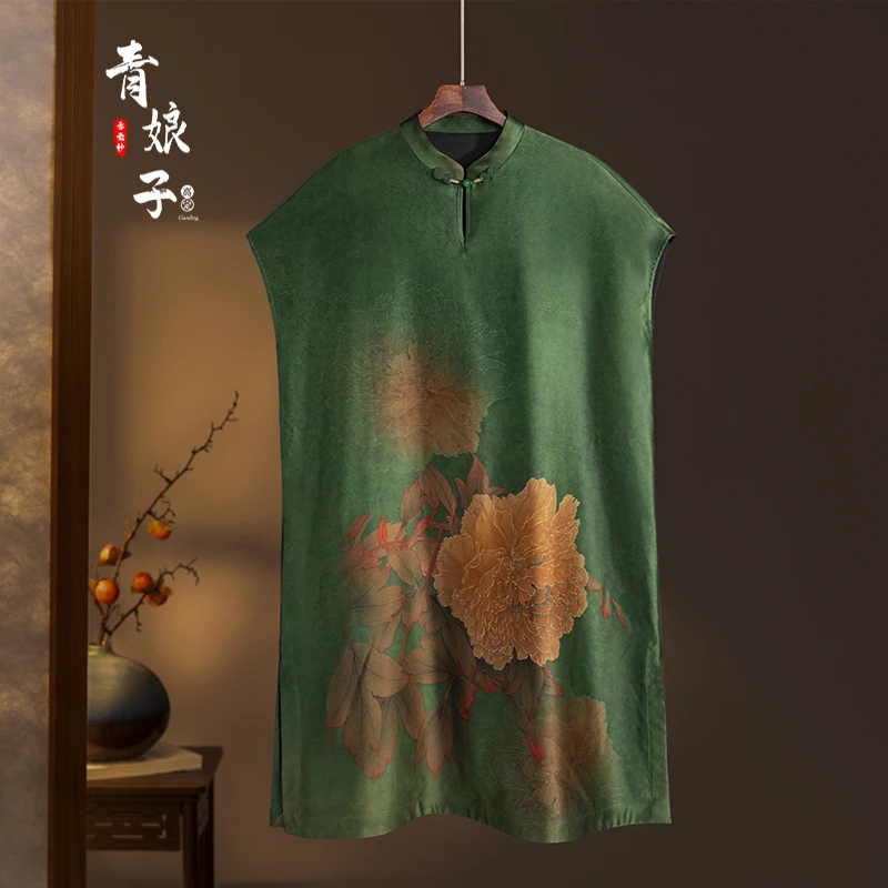 青娘子香云纱〔丽致〕重缎定位印花新中式国风宽松中长款连衣裙138