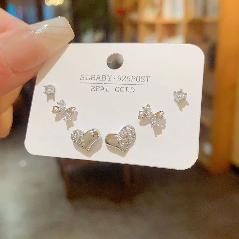 铜合金亚克力耳饰 微镶锆石心形三件套组合耳钉时尚网红银针耳环