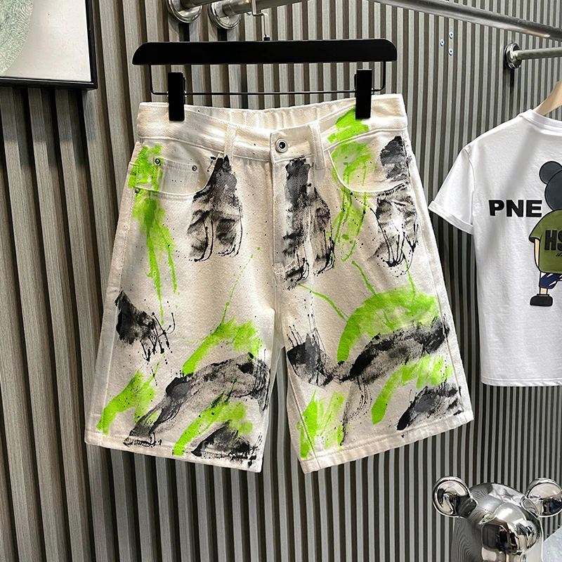 斯狄奈勒欧货时尚潮牌高级感小众牛仔裤男五分裤青年手绘涂鸦短裤