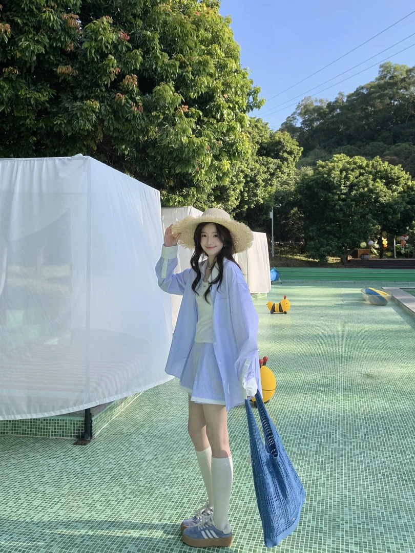 现货Even一雯【蓝调伏线】韩系高智感蓝白条纹衬衫裙裤长袖休闲套装