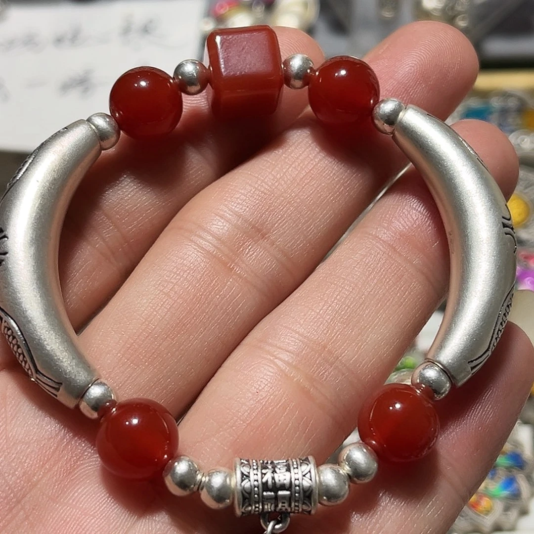 吊坠足银珐琅双鱼弯管手串