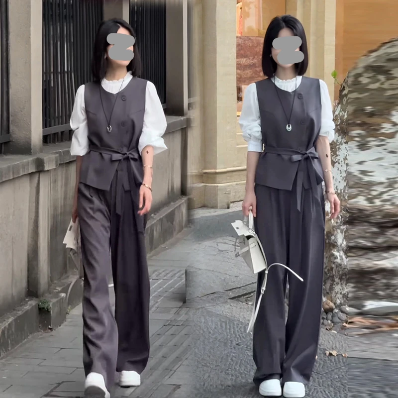 纯色上衣+休闲裤子+马甲三件套女2025秋季新款潮流高级感时尚套装