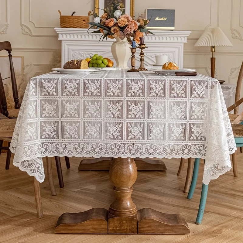 140*140cm氛围感法式复古桌布田园风白色圆桌方形书桌茶几装饰