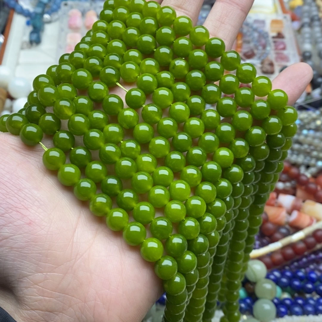 玛瑙/玉髓未镶嵌珠宝半成品一条10mm岫玉橄榄绿圆珠