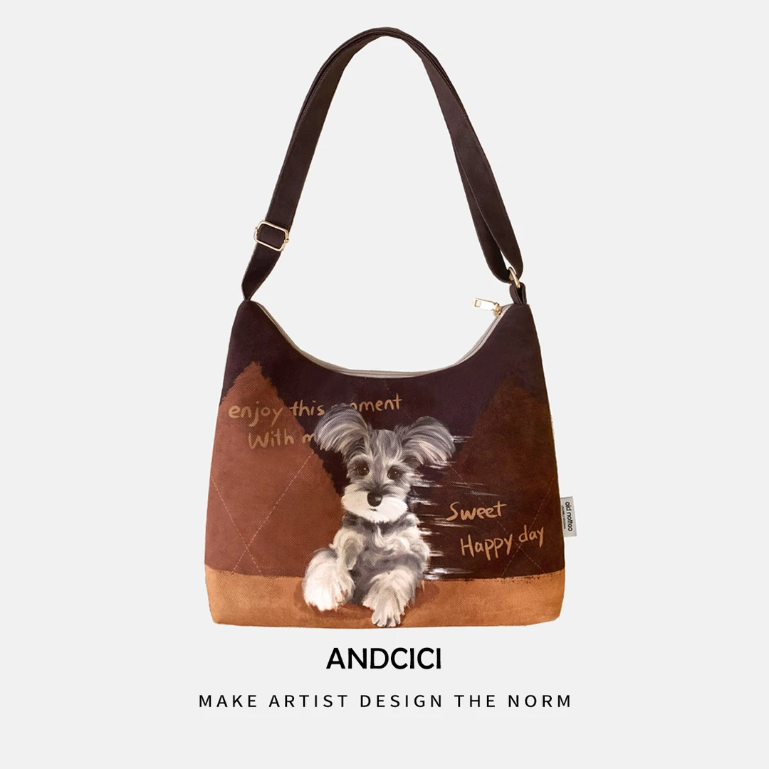 设计师新款~雪纳瑞小狗 拉链斜挎包单肩包手提包上班通勤托特书包