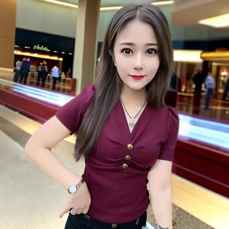 V领短袖T恤褶皱设计感百搭夏季纯色上衣气质显瘦