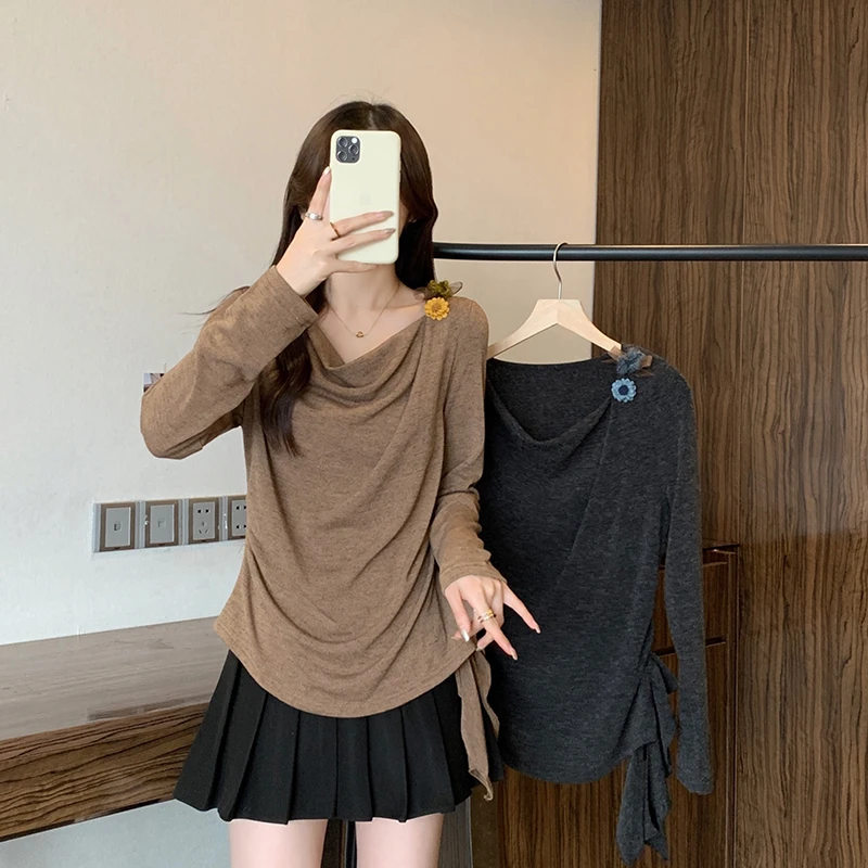 荡领不规则修身显瘦内搭T恤上衣2025秋冬新款胖mm大码女时尚潮流