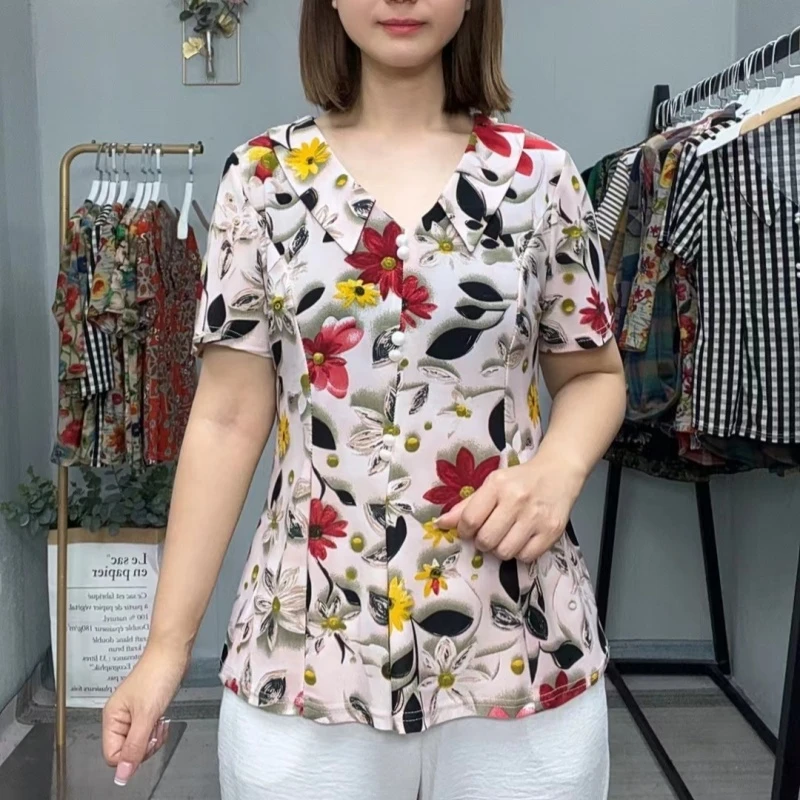 夏季新款时尚洋气宽松衬衫印花中年妈妈T恤减龄显瘦遮肉短袖上衣