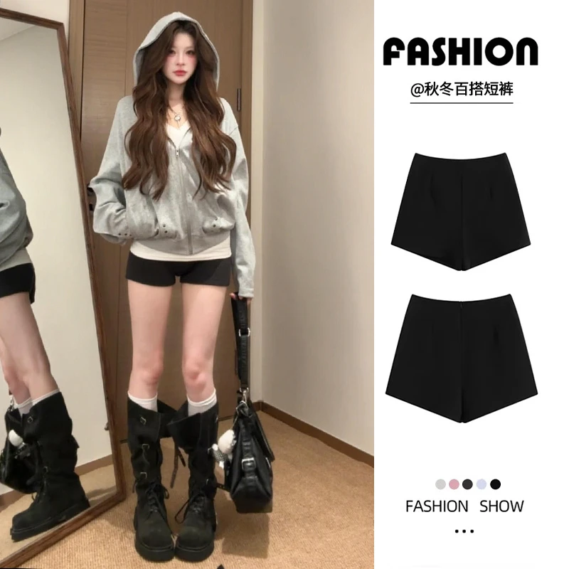 黑色西装短裤女2025春秋冬新款休闲百搭显瘦高腰时尚外穿打底靴裤