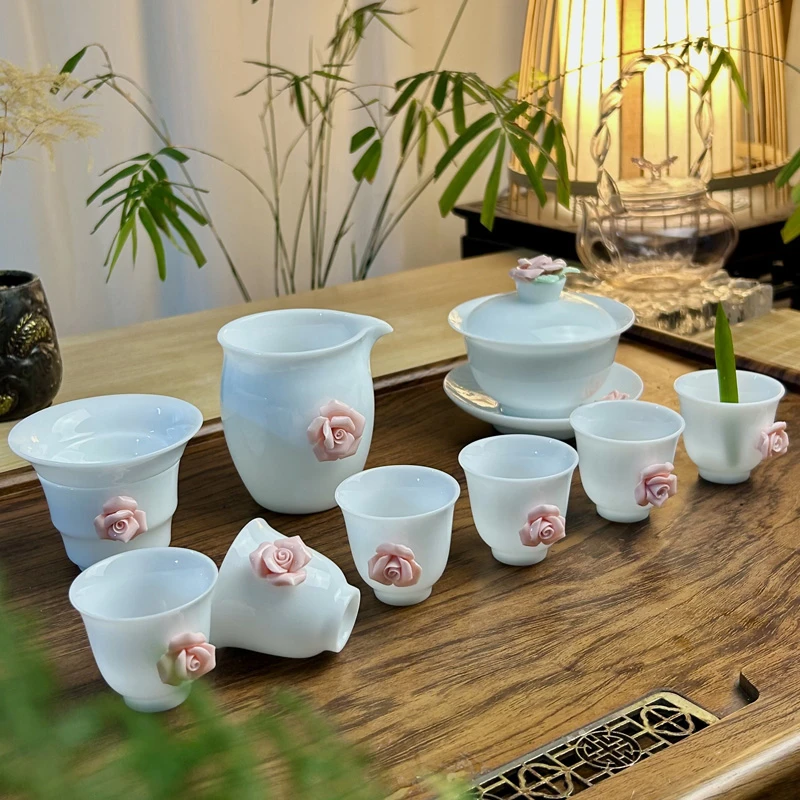 当代 冰种冻白瓷功夫茶具套装捏花三才盖碗茶杯茶盘家用泡茶套装