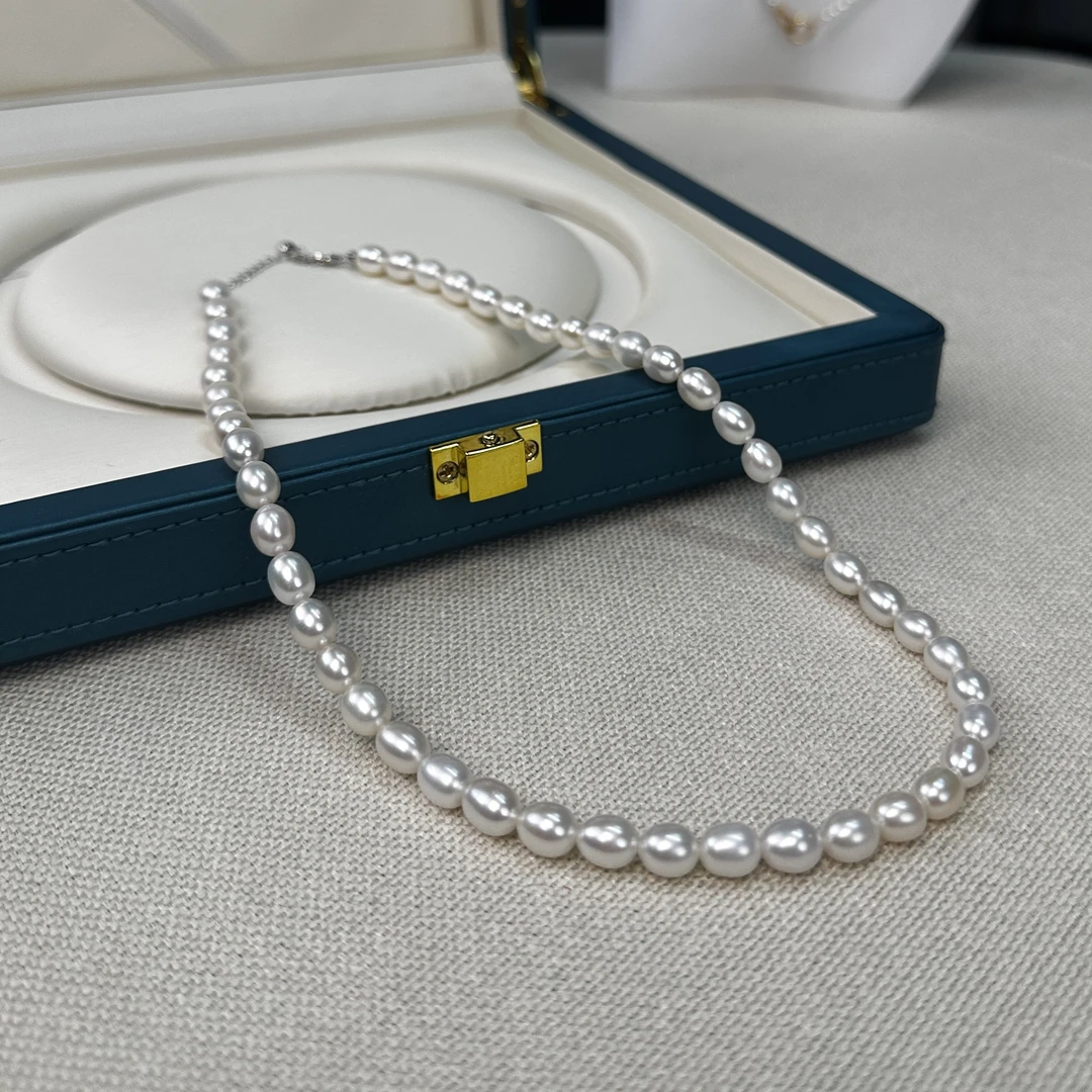 【美人泪】时尚淡水无核极强光几乎无暇椭圆形珍珠6-8mm满串项链