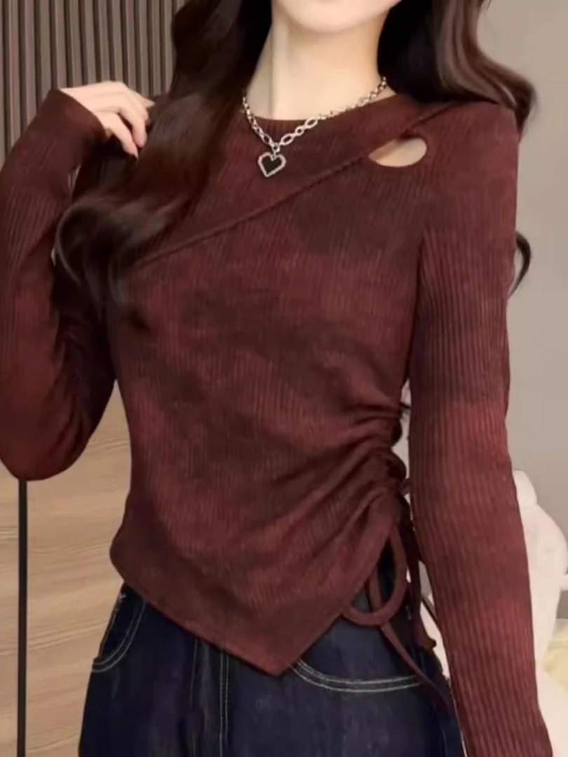 辣妹镂空扎染长袖T恤针织衫女秋季大码胖mm修身显瘦洋气打底上衣