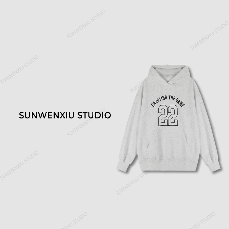 swx studio3店 “男友卫衣”宽松大版美式复古印花灰色连帽卫衣