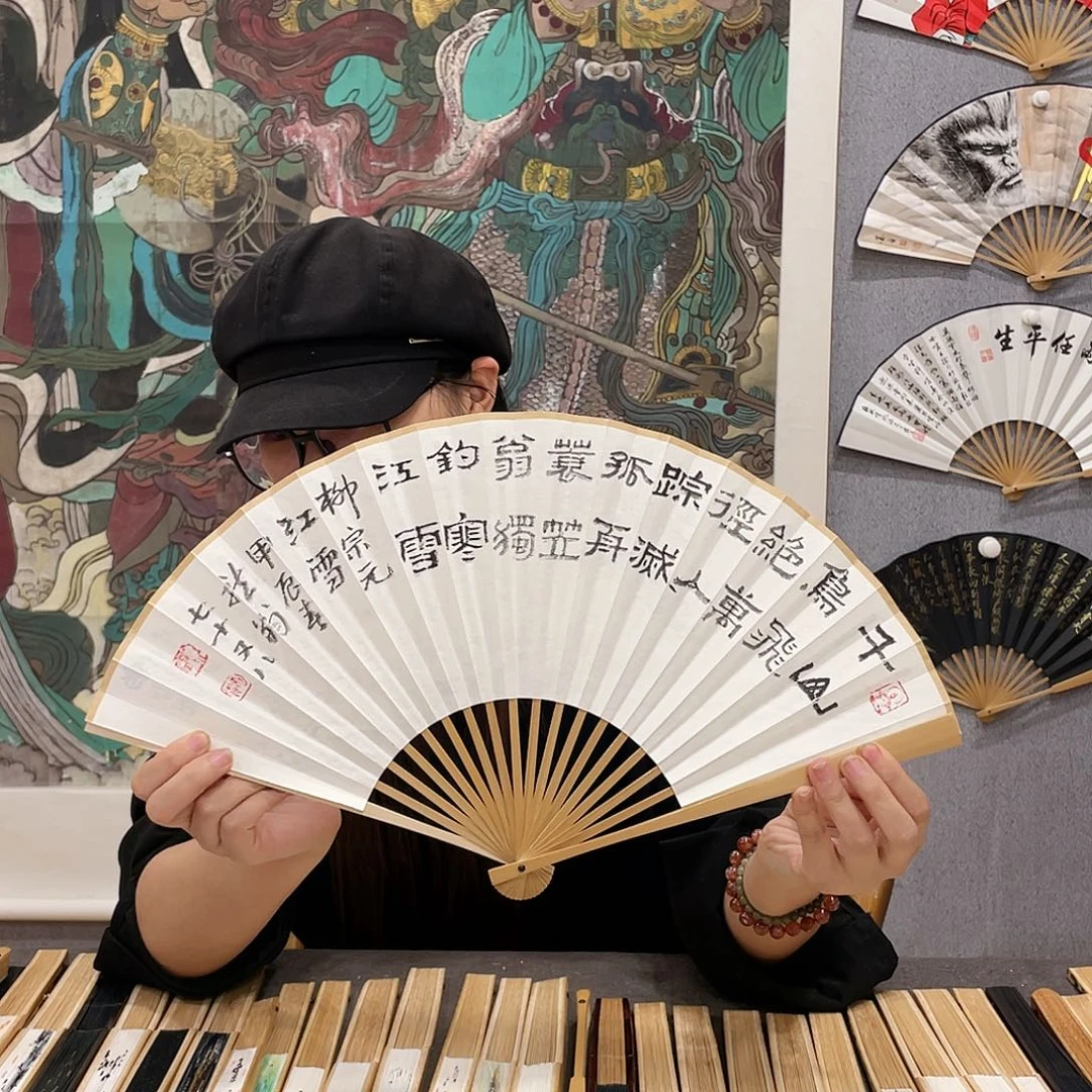 国画8寸玉竹-纯手绘-文玩扇骨（默认粘好）