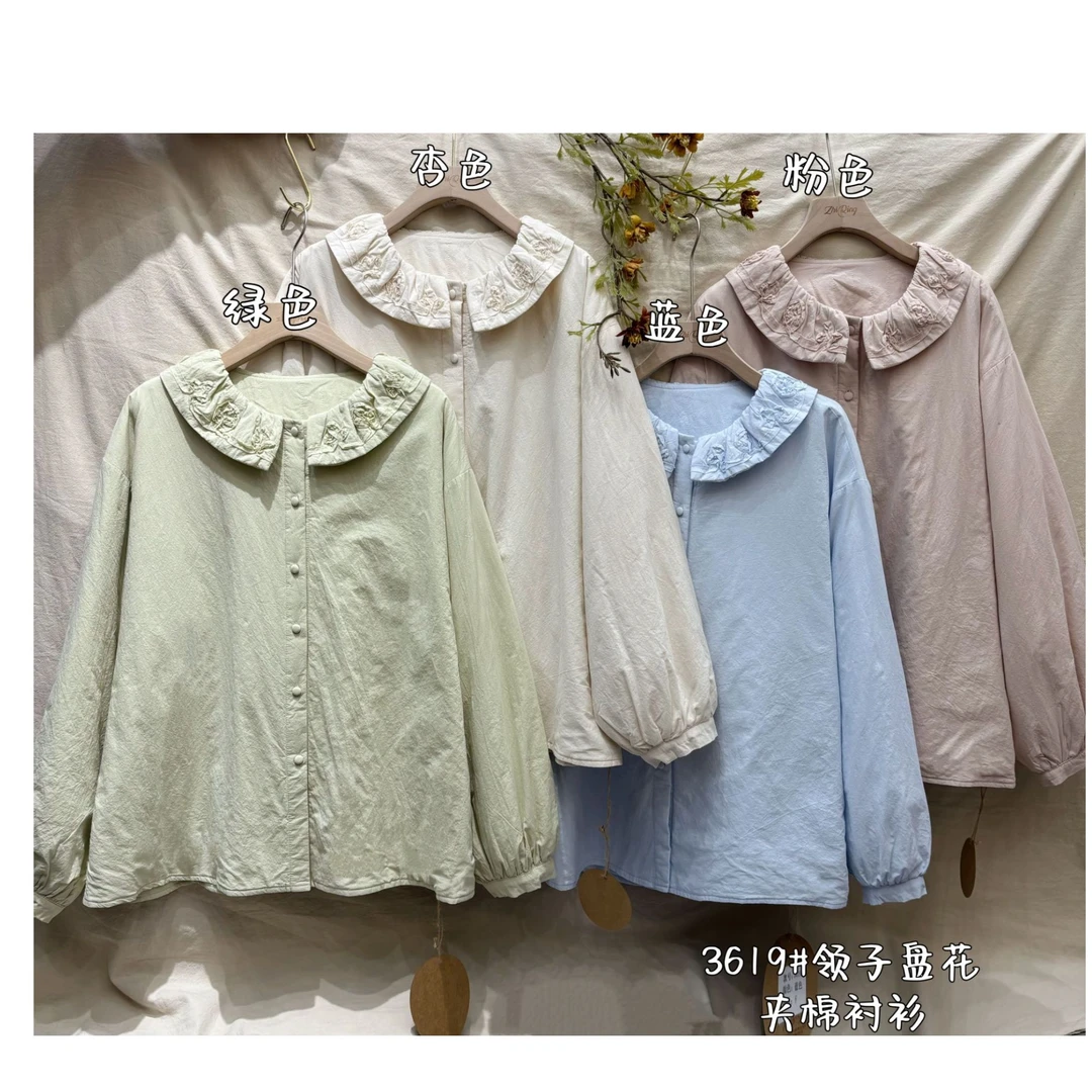 25新日系复古文艺刺绣领衬衫宽松色娃娃领加棉衬衣加厚3619#