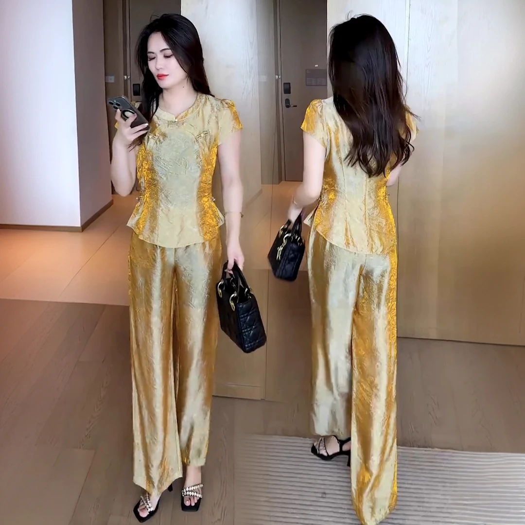 气质显瘦盘扣上衣阔腿裤两件套2025夏季新款时尚新中式国风套装女