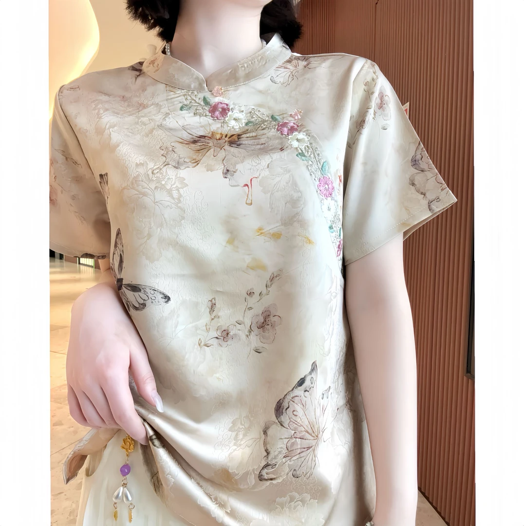 【絮柔蔓】新中式短袖显瘦飞飞袖宽松复古时尚气质T恤立领夏季斜襟