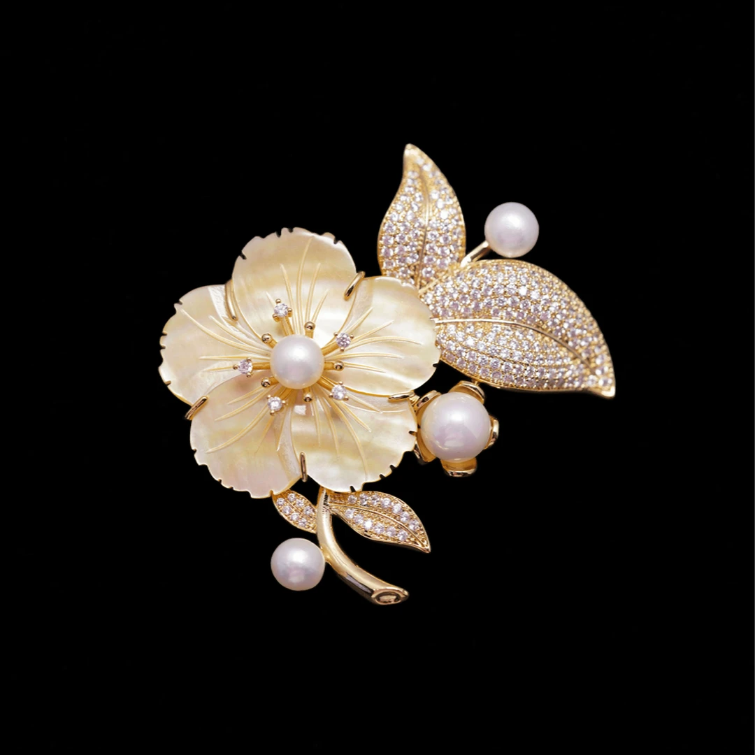 铜合金贝壳胸针 时尚气质百搭金贝花朵胸针5346