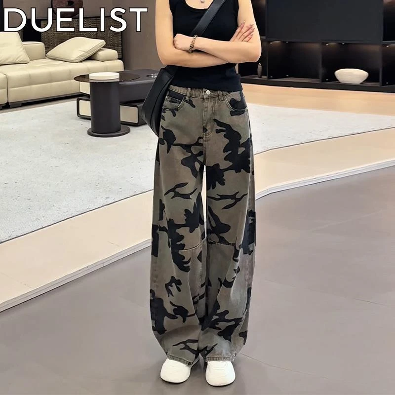 DUELIST美式复古迷彩工装牛仔裤女夏季新款显瘦垂感直筒拖地裤子