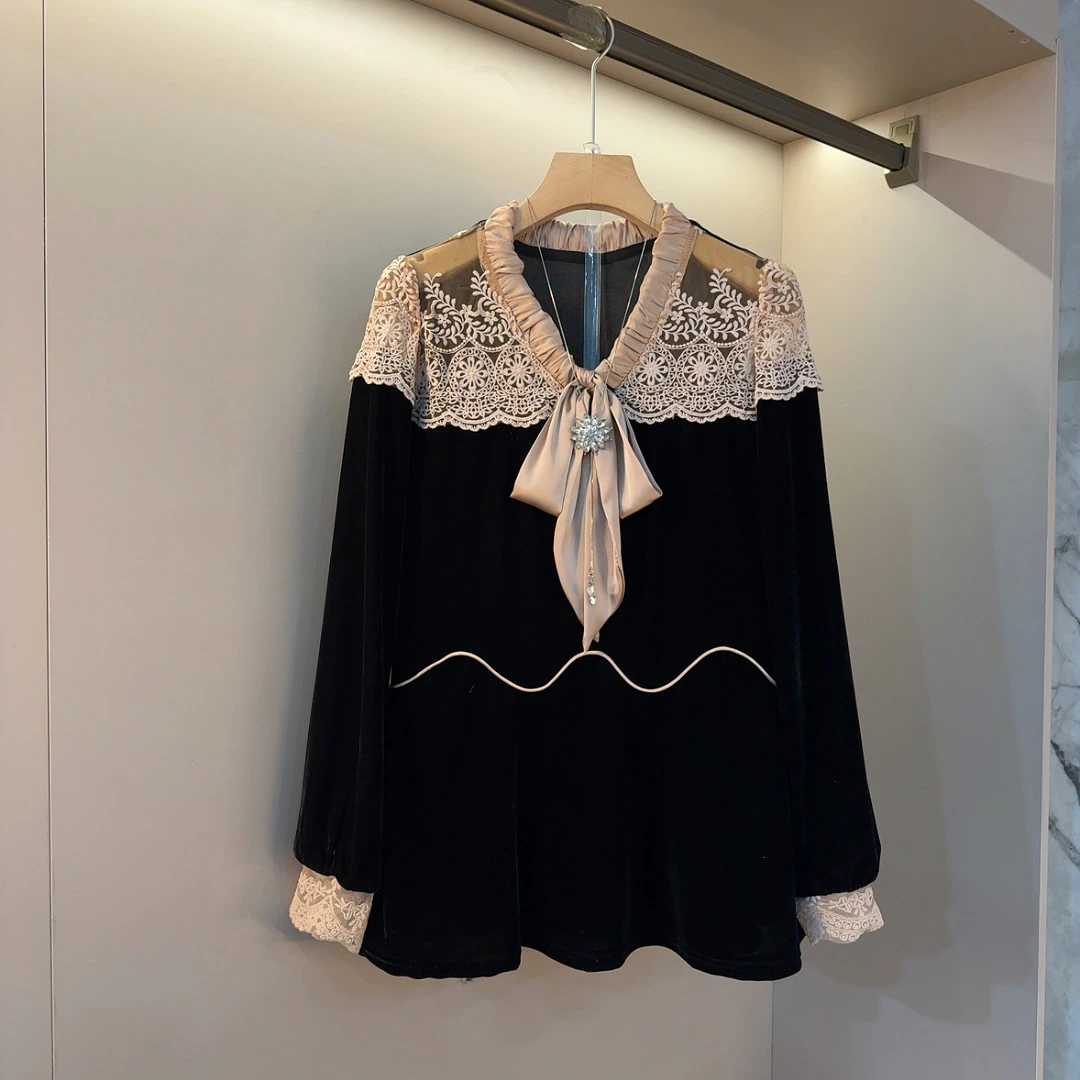 微胖时尚大码女装复古镂空蕾丝拼接蝴蝶结丝绒衫2025秋季上衣2457