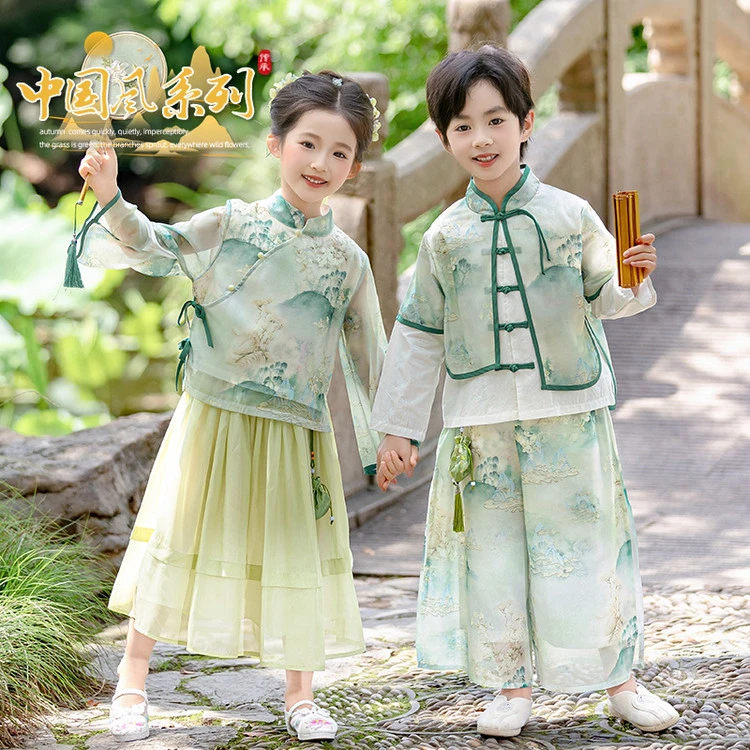 女童新中式汉服2025新款秋装儿童古风唐装国风套装男宝国学演出服