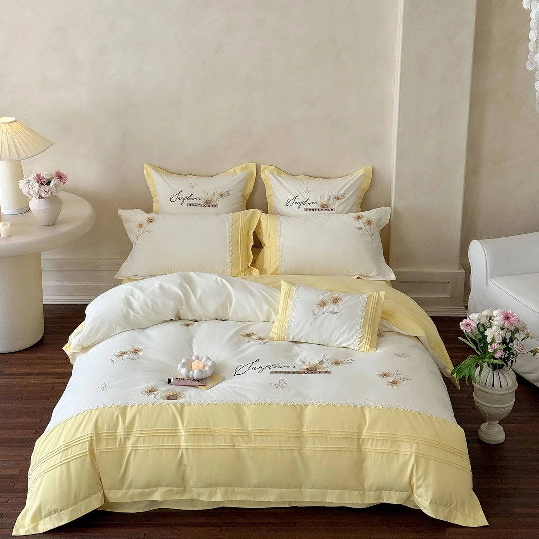 百搭温馨舒适时尚2025新款全棉磨毛刺绣蕾丝花边四件套-向阳花开