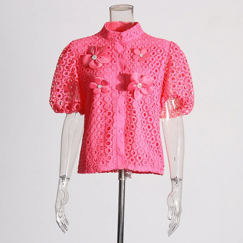 【秀场发布设计搭配】小众镂空衬衣2025春新款立体花朵翻领衬衫女