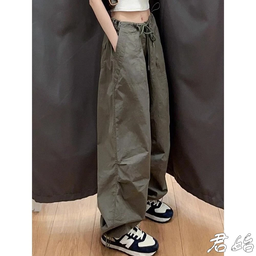 军绿色工装裤女夏季薄款美式高街口袋宽松运动裤高腰显瘦阔腿裤子