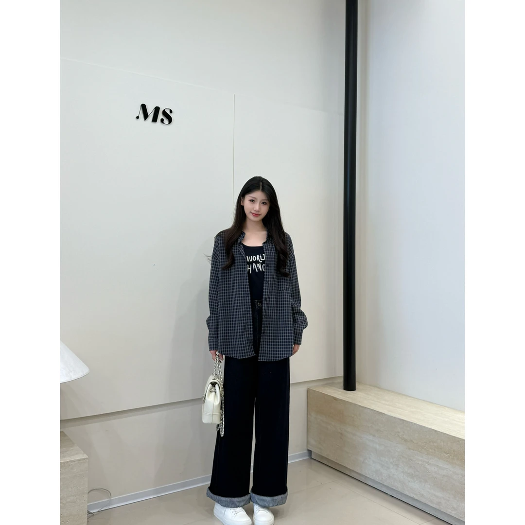 韩系宽松时尚复古休闲翻领格子衬衫2025秋新款