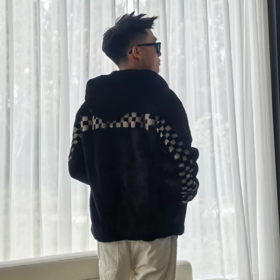 8801顺毛宝嘉美连帽貂皮大衣男士短款冬季外套