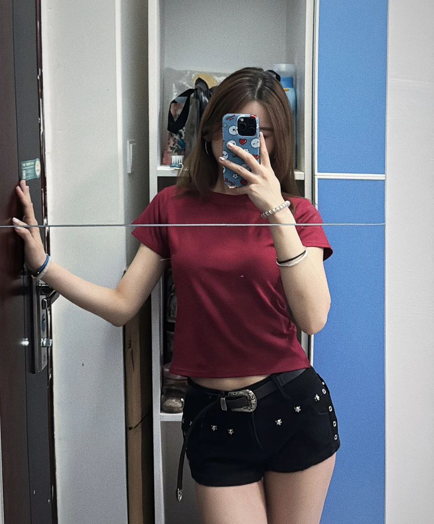 欧启奢凉感螺纹圆领显瘦短袖修身型短款T恤高腰修身纯色运动休闲