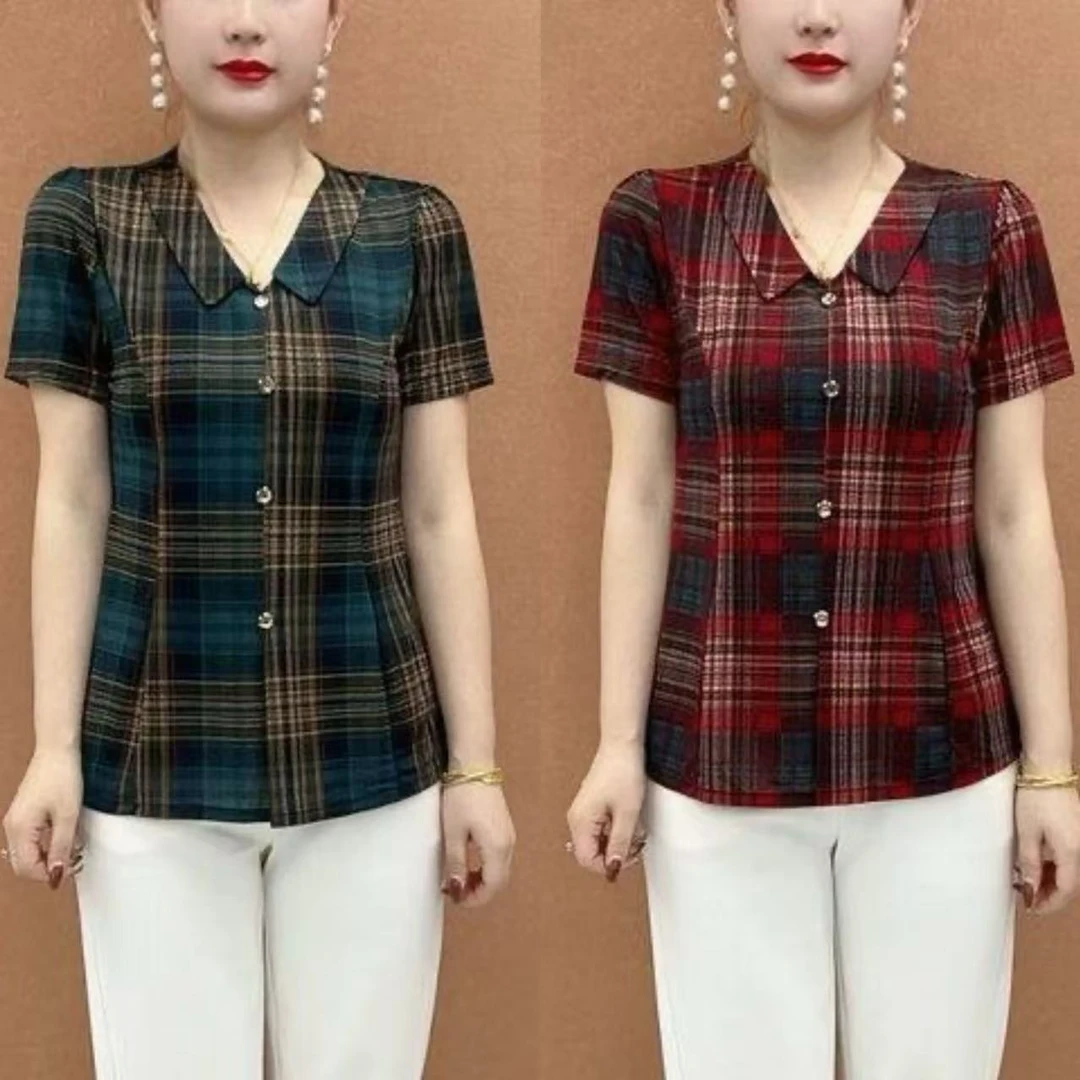 夏季短袖格子娃娃新款洋气女装宽松衬衫显瘦中老年上衣妈妈衬衣