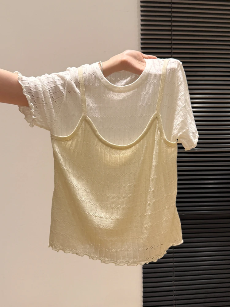 假两件黄色时尚小衫短袖T恤女夏季独特木耳边设计感超好看上衣